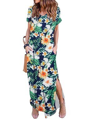 Women Green Leaves Summer Maxi Long Dress Casual Loose Short Sleeve Split Pocket